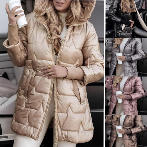 Ladies quilted winter jacket with practical hood and zippered side pockets Lune London