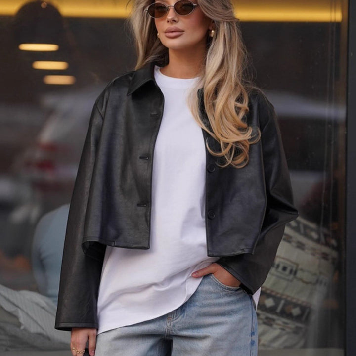 Synthetic leather jacket for women with a minimalist design and short cut Lune London