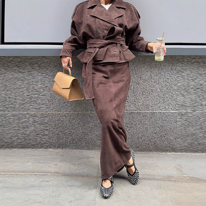 Suede leather jacket for women with matching skirt in a stylish set Lune London