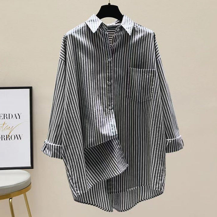 Women Striped Oversized Shirt with Longer Back and Practical Chest Pocket Lune London