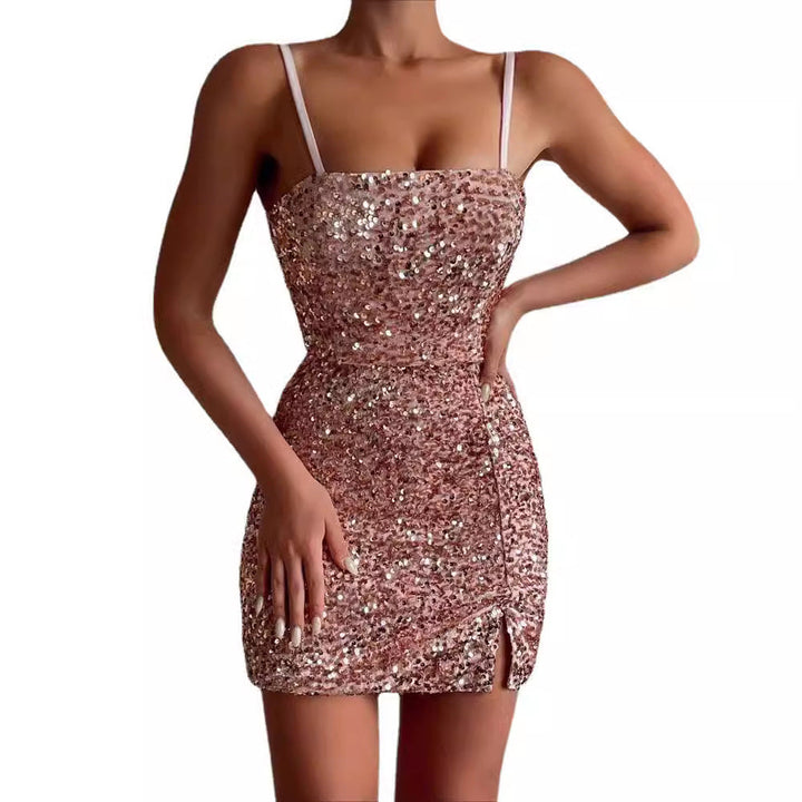 Women's Sparkling Mini Dress with Off-Shoulder Design and Side Slit Lune London