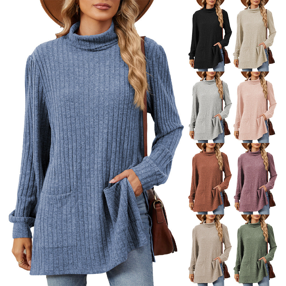 Ladies elegant top in structured knit with high collar and side pockets Lune London
