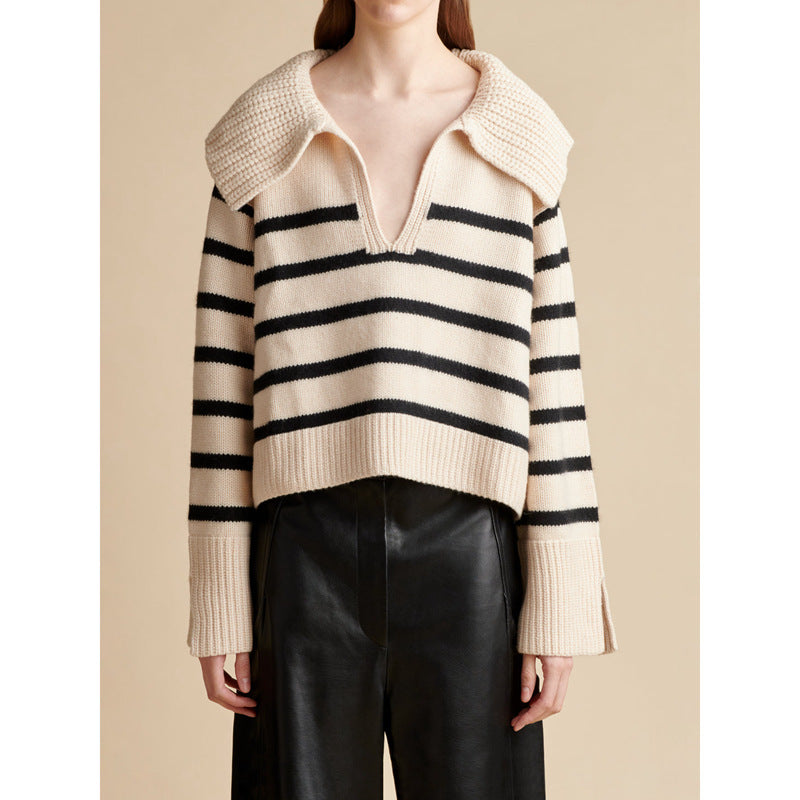 Trendy knitted sweater for women with distinctive collar and striped pattern Lune London