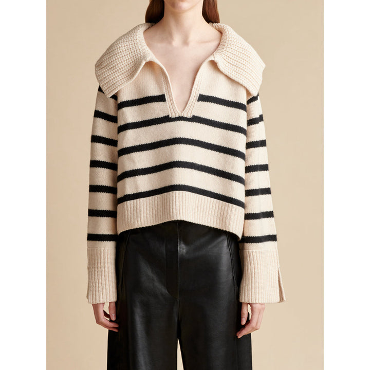 Trendy knitted sweater for women with distinctive collar and striped pattern Lune London