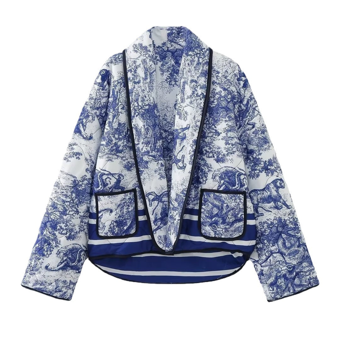 Ladies Oversized Quilted Jacket with Floral Pattern and Contrasting Details Lune London