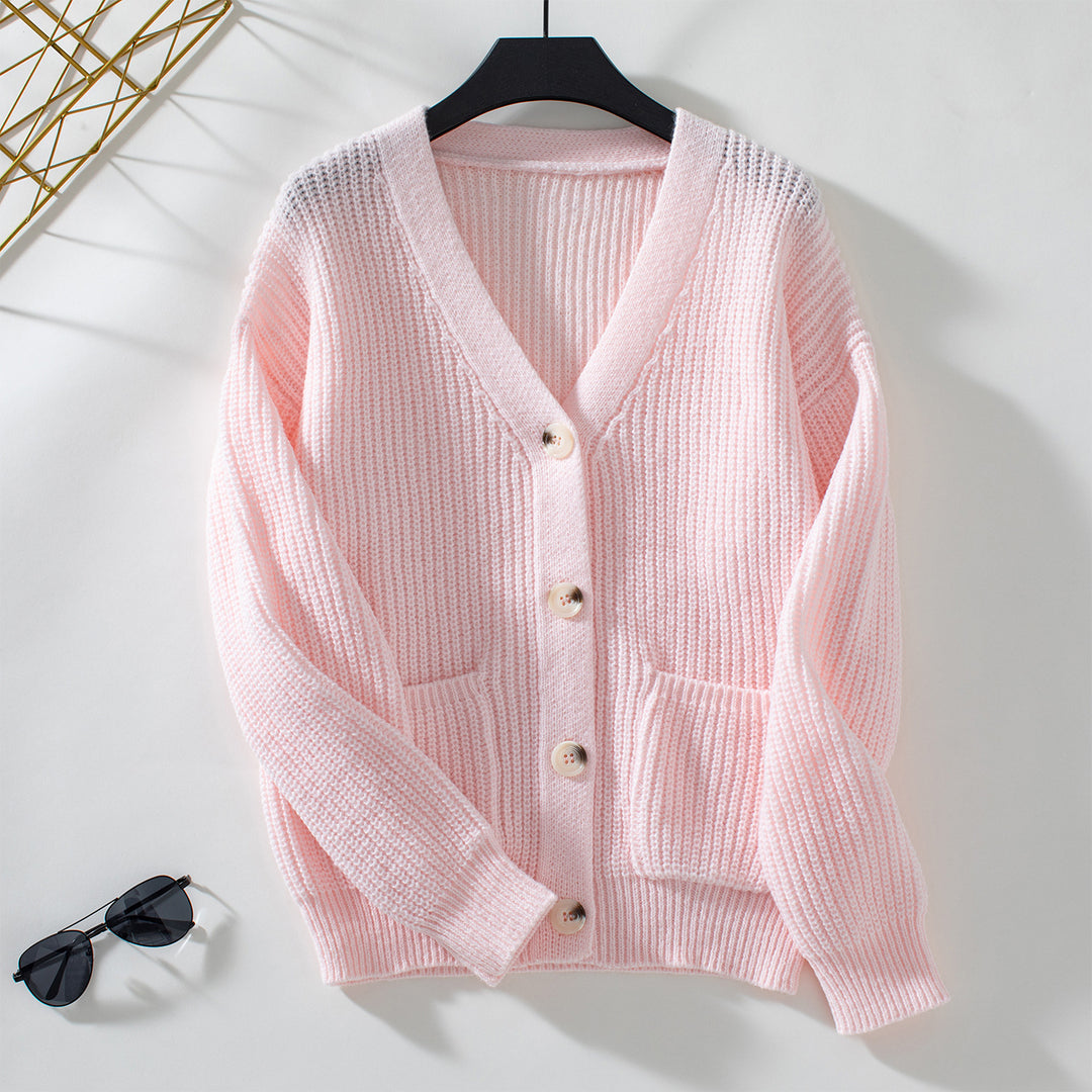 Knit jacket for women with deep V-neck and practical pockets Lune London