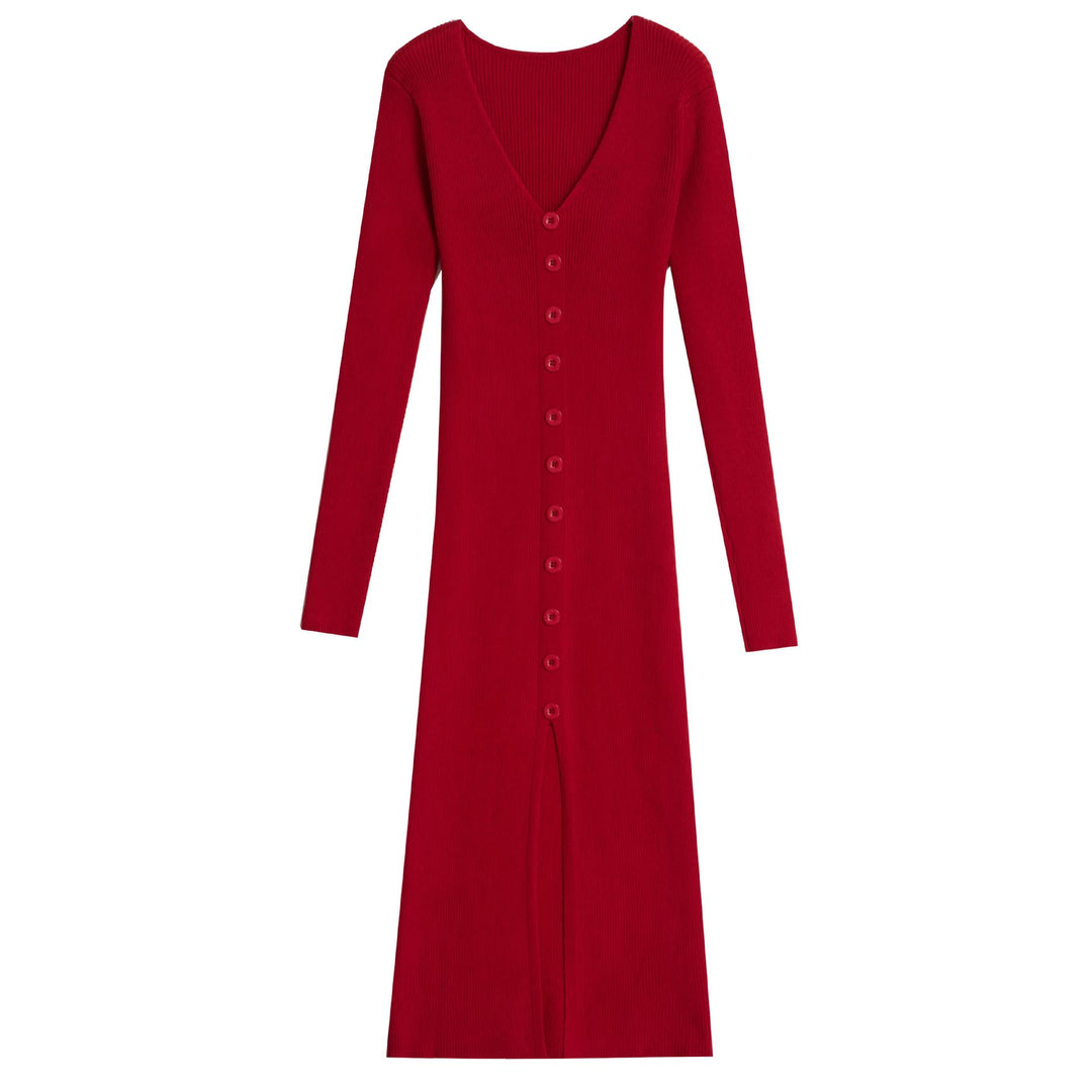 Robe en maille pour femme avec décolleté en V et boutonnage continu Chic & Stil
