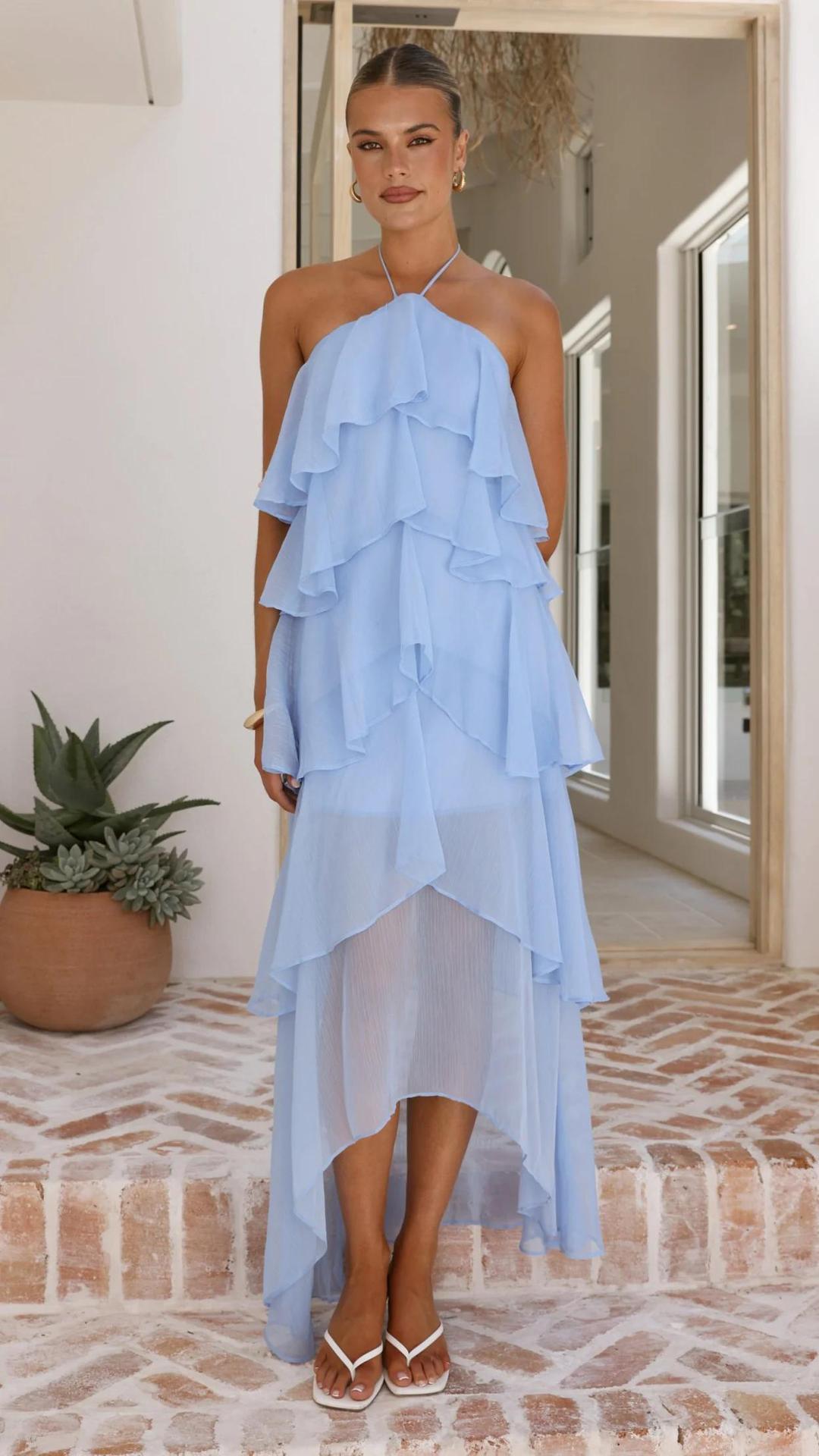 Robe maxi femme avec superposition élégante et volants floraux Chic & Stil