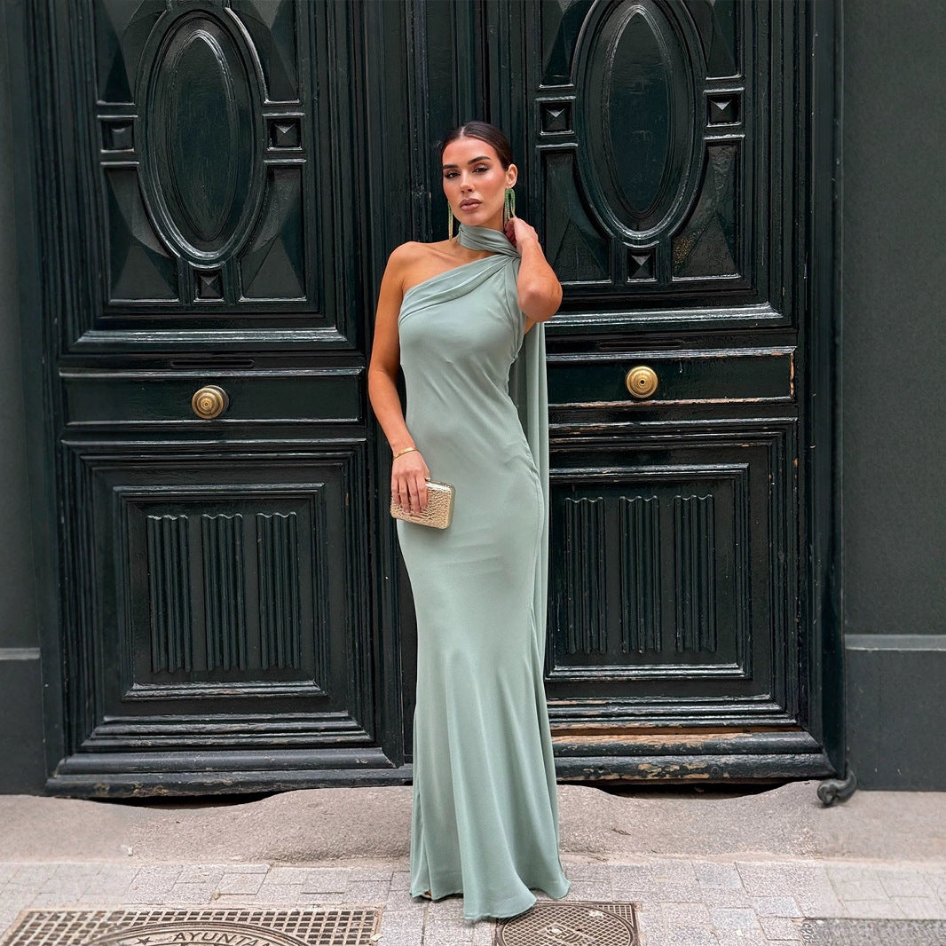 Women's Elegant, One-Sided Strapless Maxi Dress with Flowing Fabric and Chic Neck Scarf Lune London