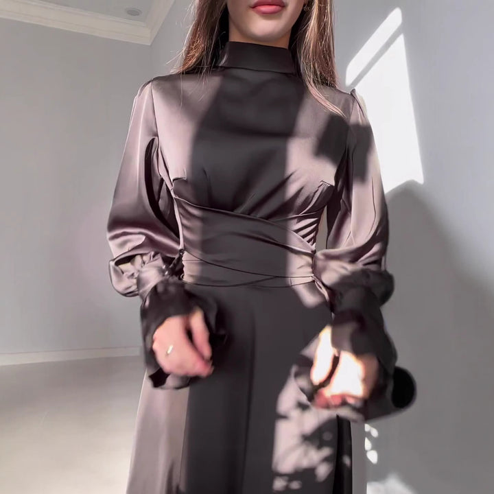 Women Elegant Maxi Dress with Voluminous Puff Sleeves and High-Quality Satin Surface Lune London
