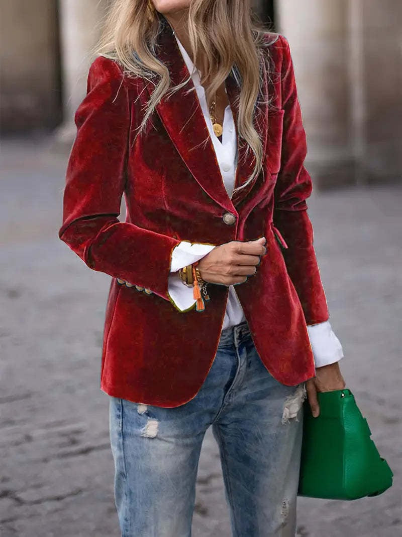 Blazer élégant en velours pour dames avec coupe cintrée et boutons dorés