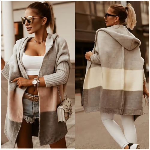 Women knitted poncho with hood and modern color block design Lune London