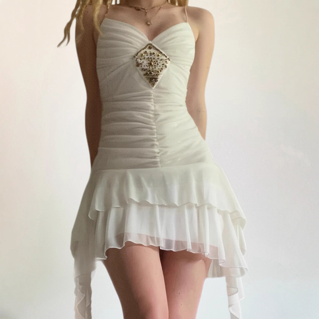 Ladies Elegant Evening Dress with Ruffle Details and Sparkling Jewelry Lune London