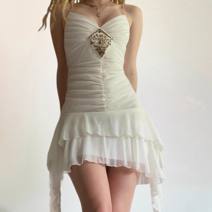 Ladies Elegant Evening Dress with Ruffle Details and Sparkling Jewelry Lune London