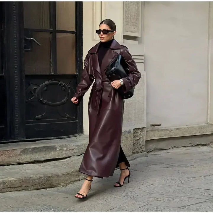 Elegant trench coat in faux leather for women with belted waist Lune London