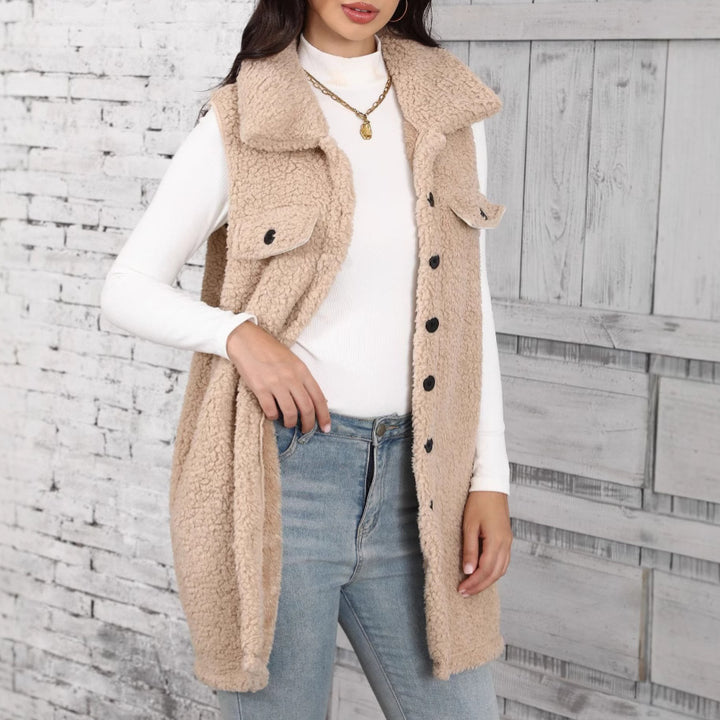 Ladies Comfortable Plush Jacket with Patch Pockets and Stylish Chic Collar