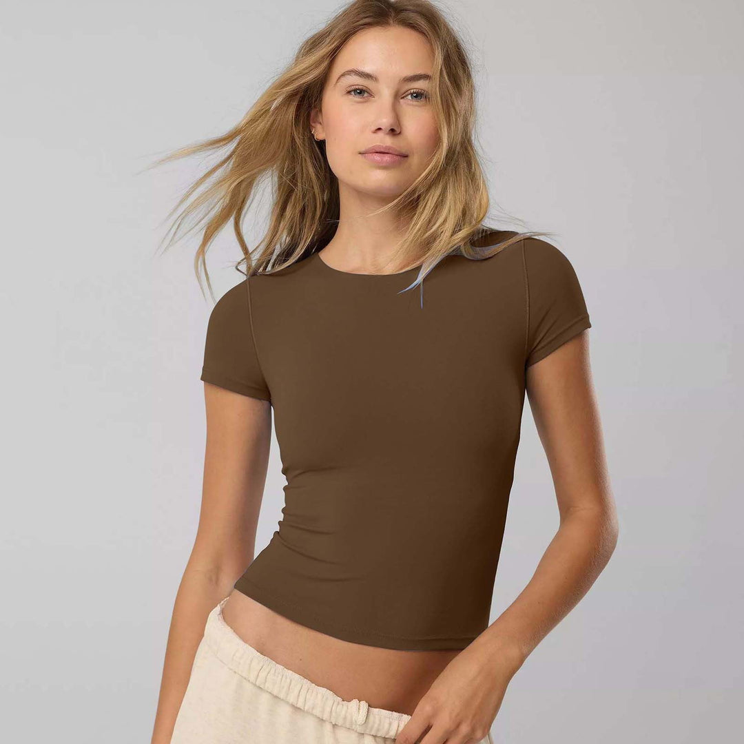 Women's Fitted Short Sleeve Shirt Made of Elastic Cotton Blend with Round Neckline and Seamless Design Lune London