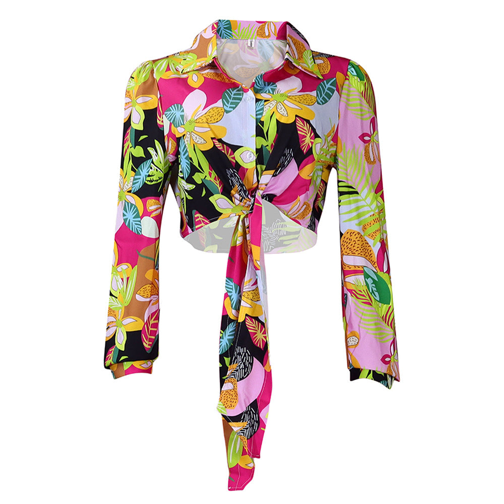 Ladies Trendy Cropped Blouse with floral design and bow detail Lune London