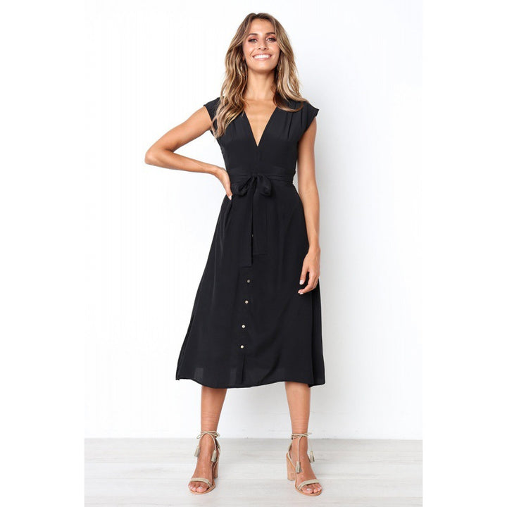 Robe midi pour femme avec un chic décolleté en V et une ceinture ajustée Chic & Stil