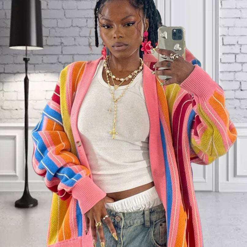 Ladies Casual Knitted Cardigan with Colorful Striped Pattern and Oversized Sleeves Lune London