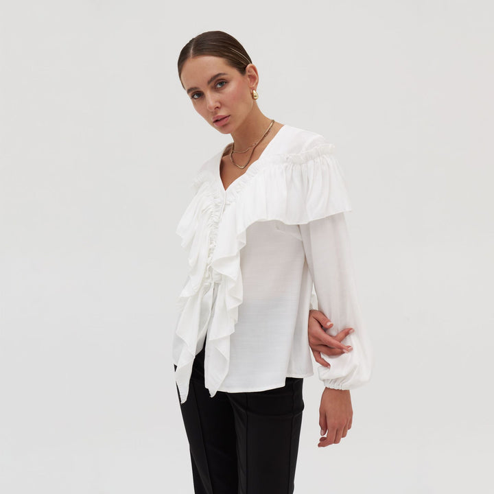Women Elegant Blouse Top with Voluminous Ruffles and Flattering Cut Lune London