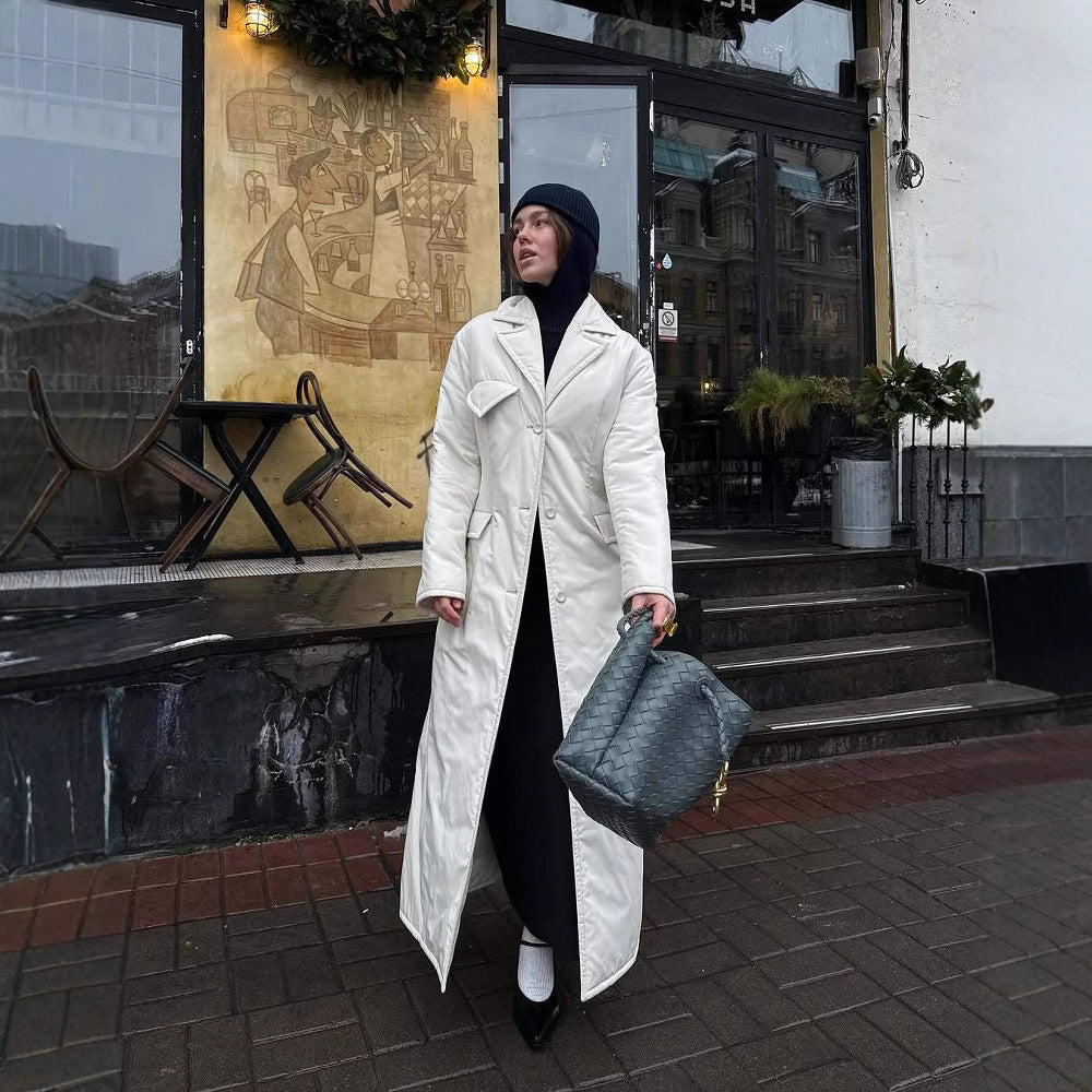 Ladies Long Down Jacket with Elegant Chic Lapels