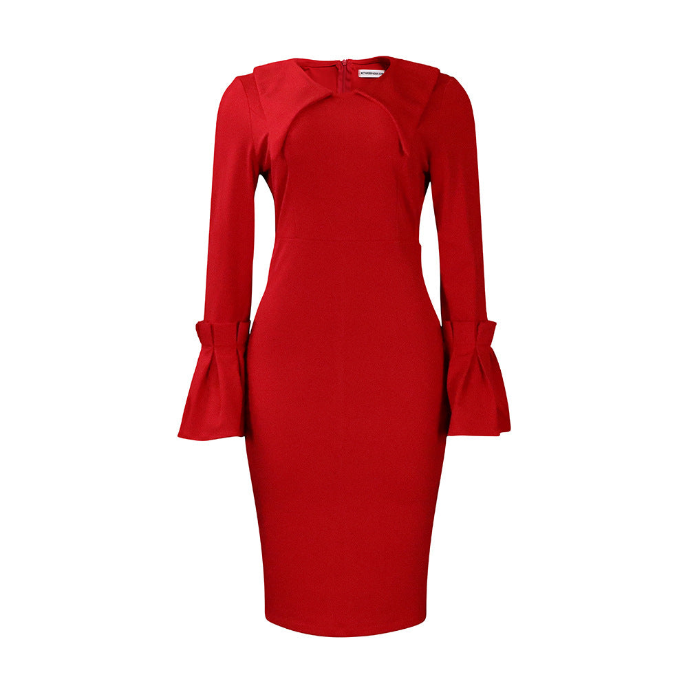 Ladies Elegant Cocktail Dress with Extravagant Ruffle Details and Long Chic and Stylish Sleeves