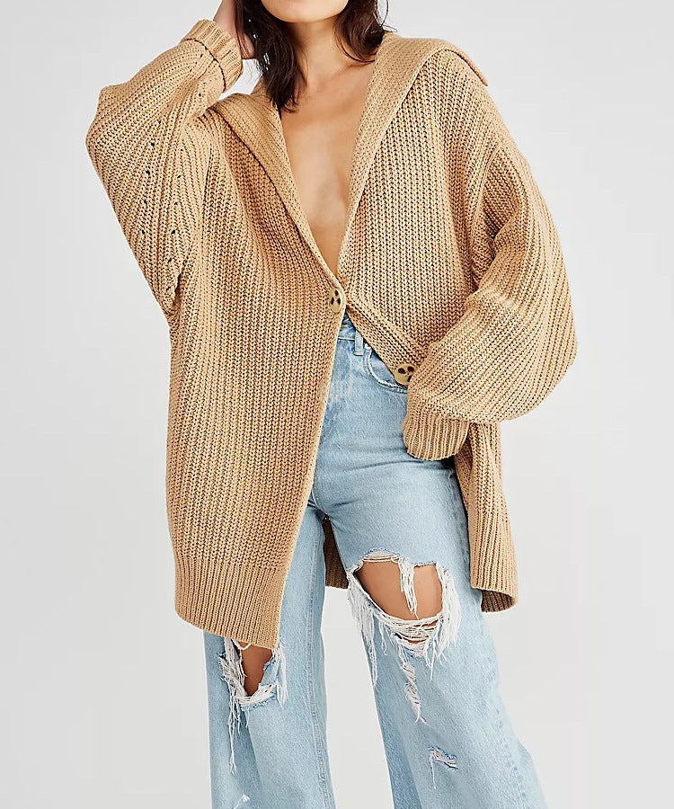 Thick knitted jacket for women with hood and large pockets Lune London