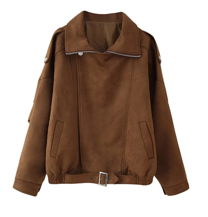 Cropped synthetic leather jacket for women with practical flap pockets and a cinchable belt Lune London