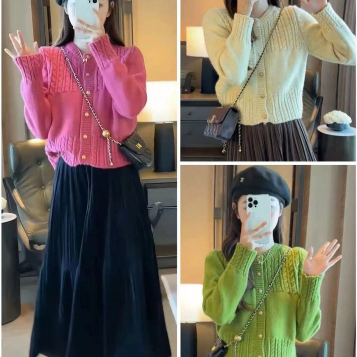 Ladies cozy knit pullover with cable texture and chic gold button details