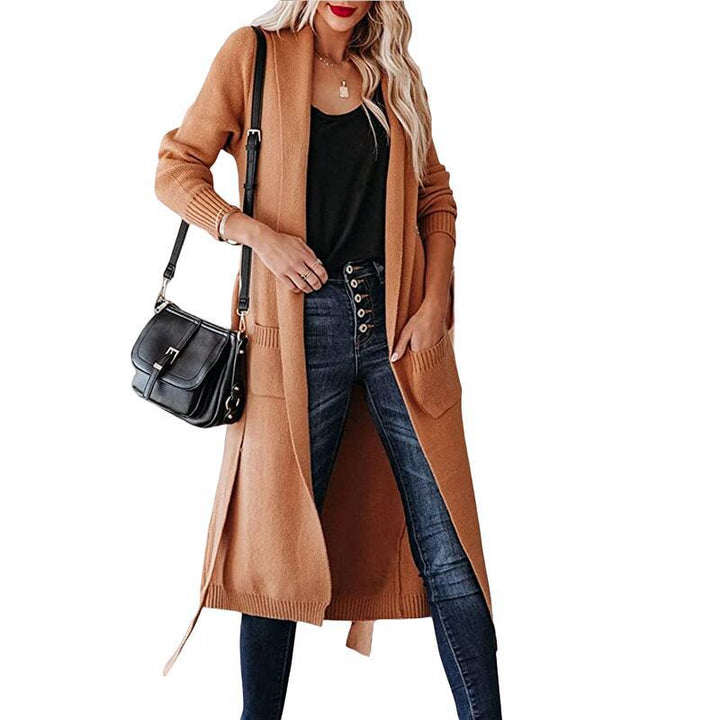 Ladies elegant long cardigan with waist belt and chic pockets and style