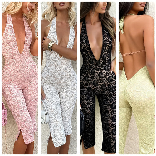 Ladies jumpsuit made of delicate lace with a deep neckline and side slits Lune London