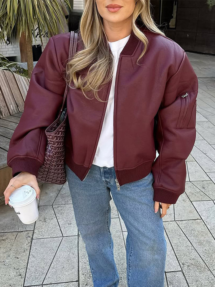 Ladies Casual Leather Jacket with Voluminous Sleeves and Zipper Lune London