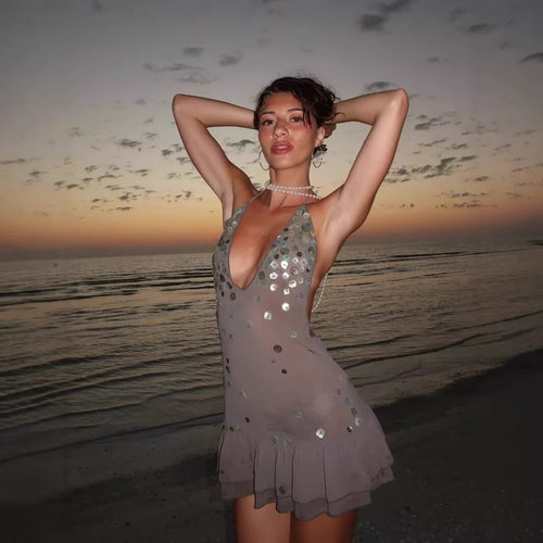 Summer dress for women with shimmering sequins and a voluminous hem Lune London