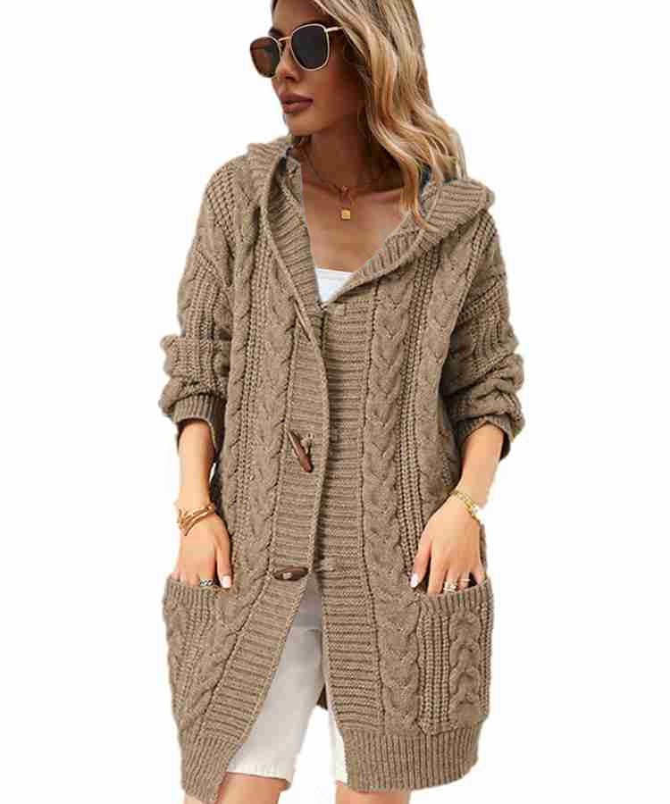 Ladies Large Knit Cardigan with practical pockets and cozy hood Lune London