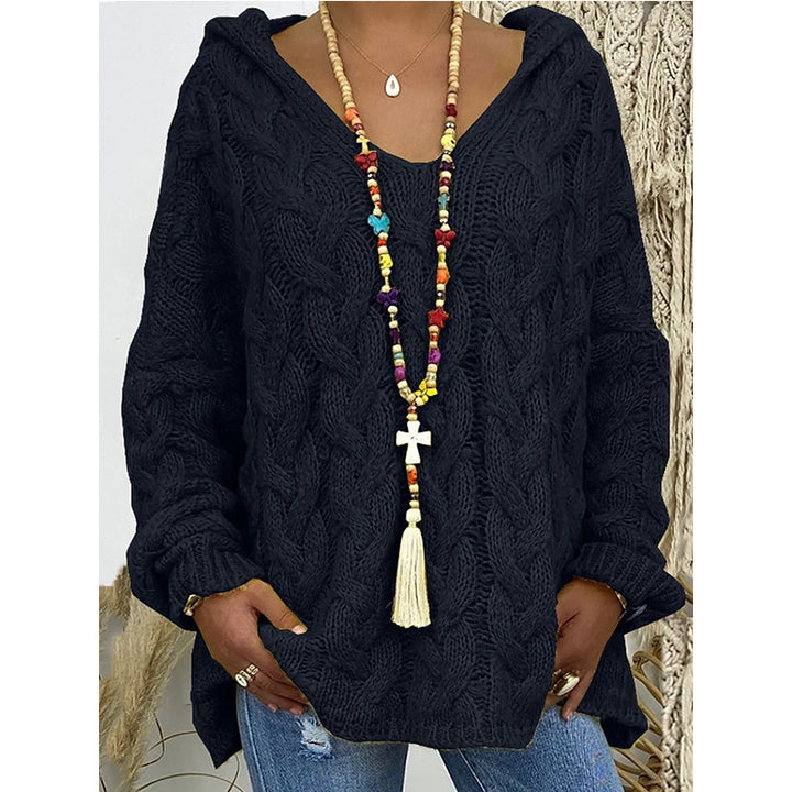 Ladies hoodie in chunky knit with V-neck and decorative cord Lune London