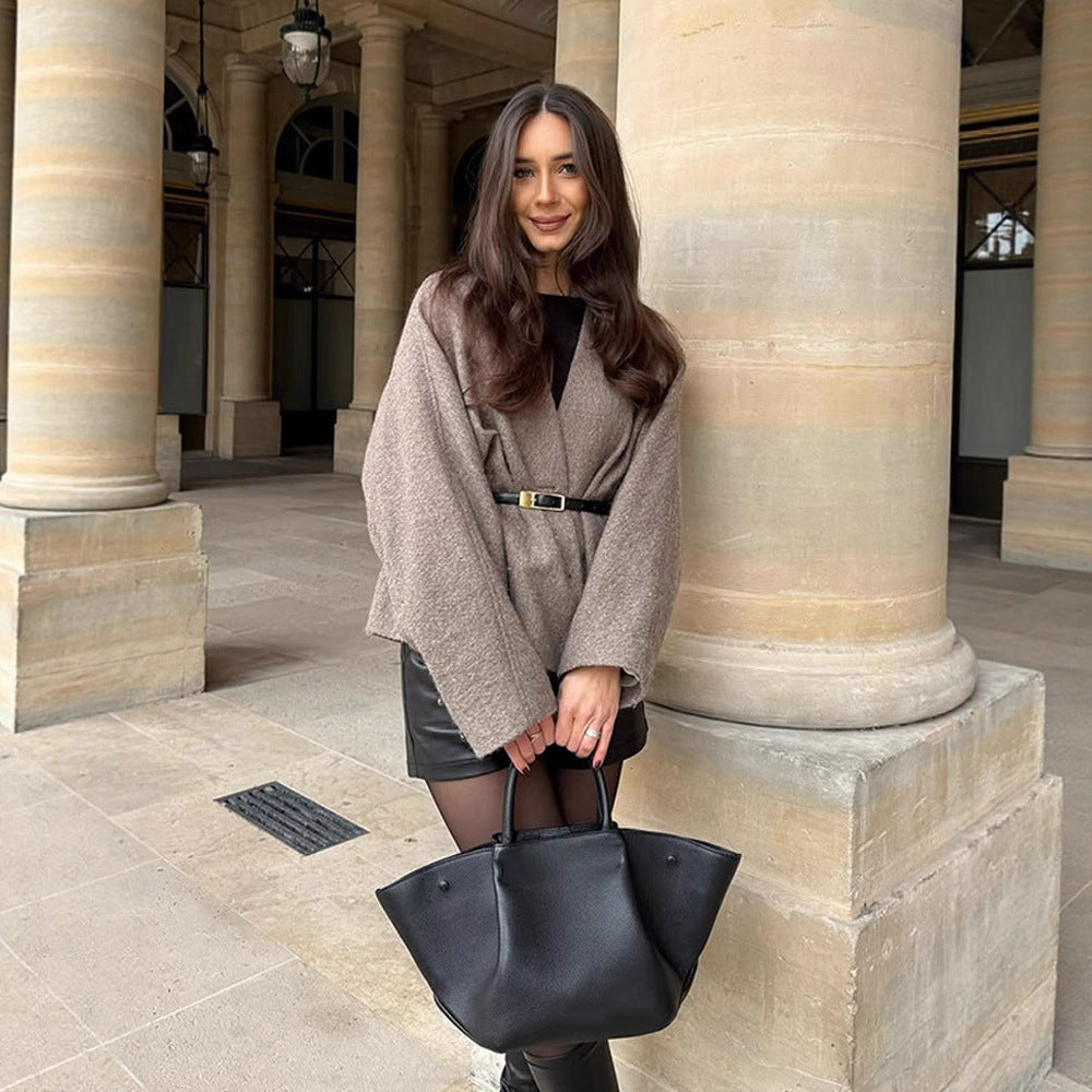 Oversized wool coat for women with belt and wide sleeves Lune London