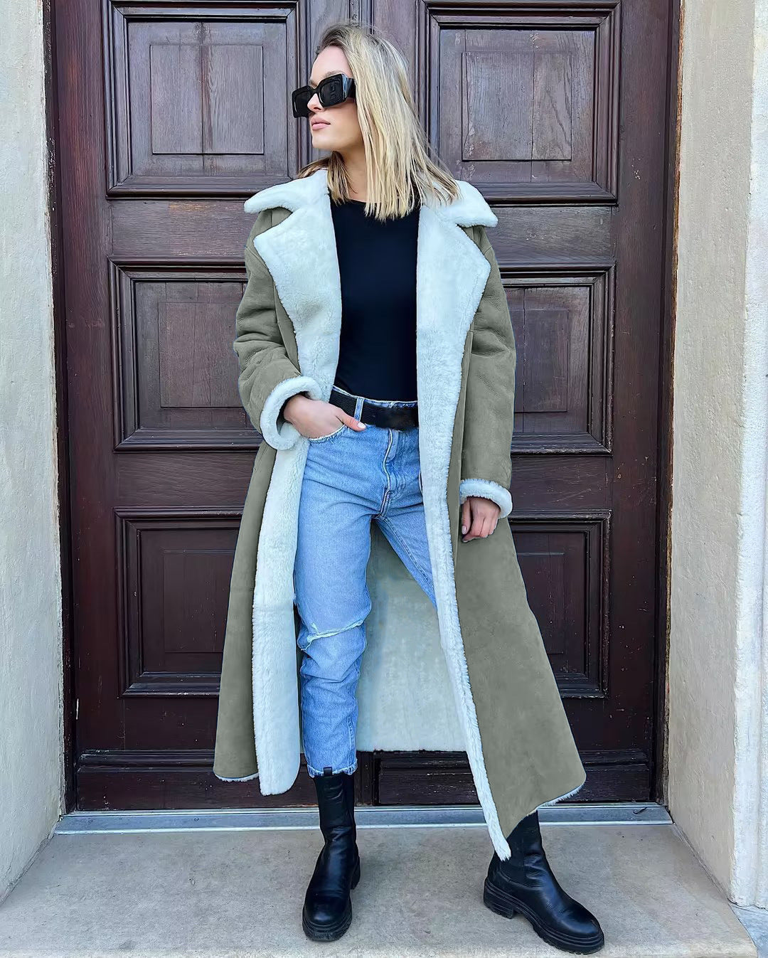 Ladies Long Fleece Coat with Turn-Down Collar Lune London