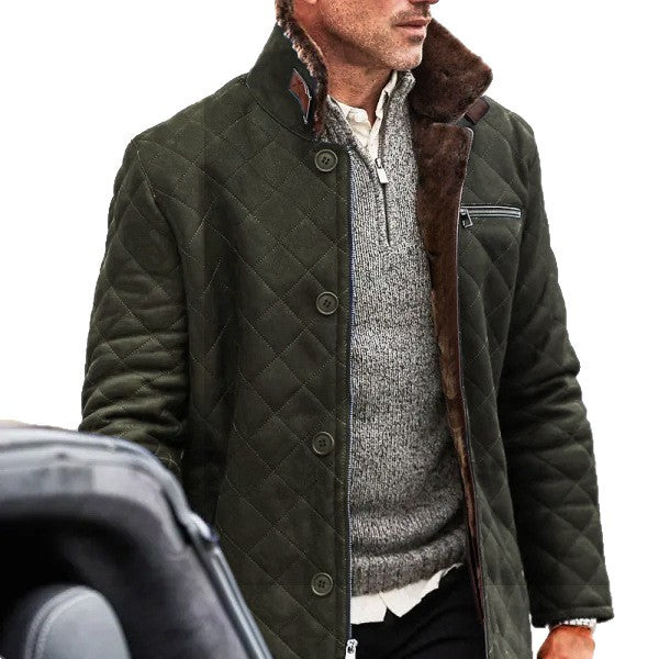 Long quilted coat for men with faux fur collar and practical pockets Lune London