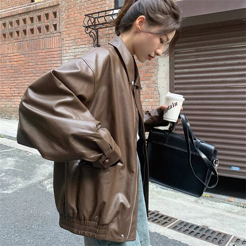 Women's Fashion Leather Jacket with Oversized Sleeves and Elastic Hem Chic & Stil