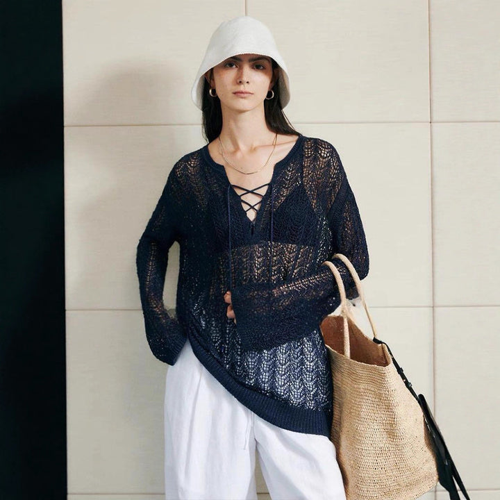 Pull décontracté en tricot aéré pour femmes avec un col sophistiqué Chic & Stil