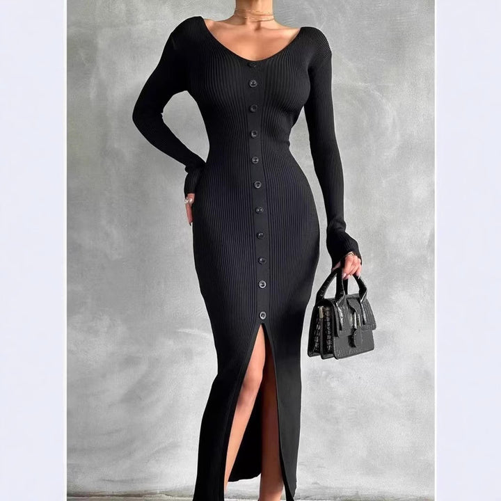 Knit dress for women with a finely structured ribbed texture and elegant button details Lune London