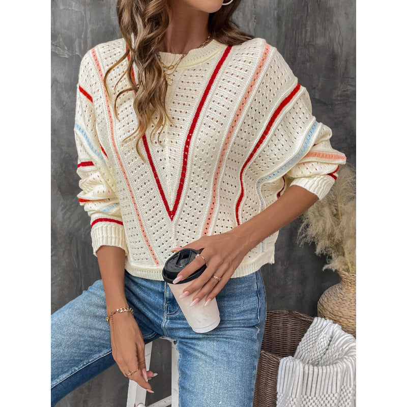 Knitted sweater for women with a generous openwork pattern structure and colorful accents Lune London