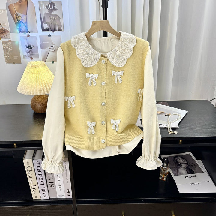 Ladies playful knit cardigan with rolled collar and decorative bows Lune London