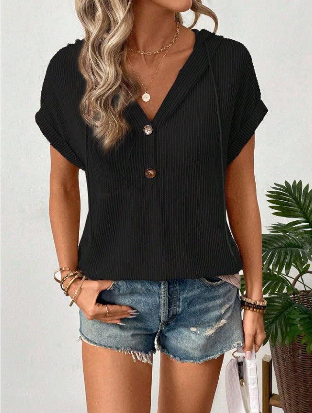 Casual short sleeve shirt for women with button placket and hood Lune London