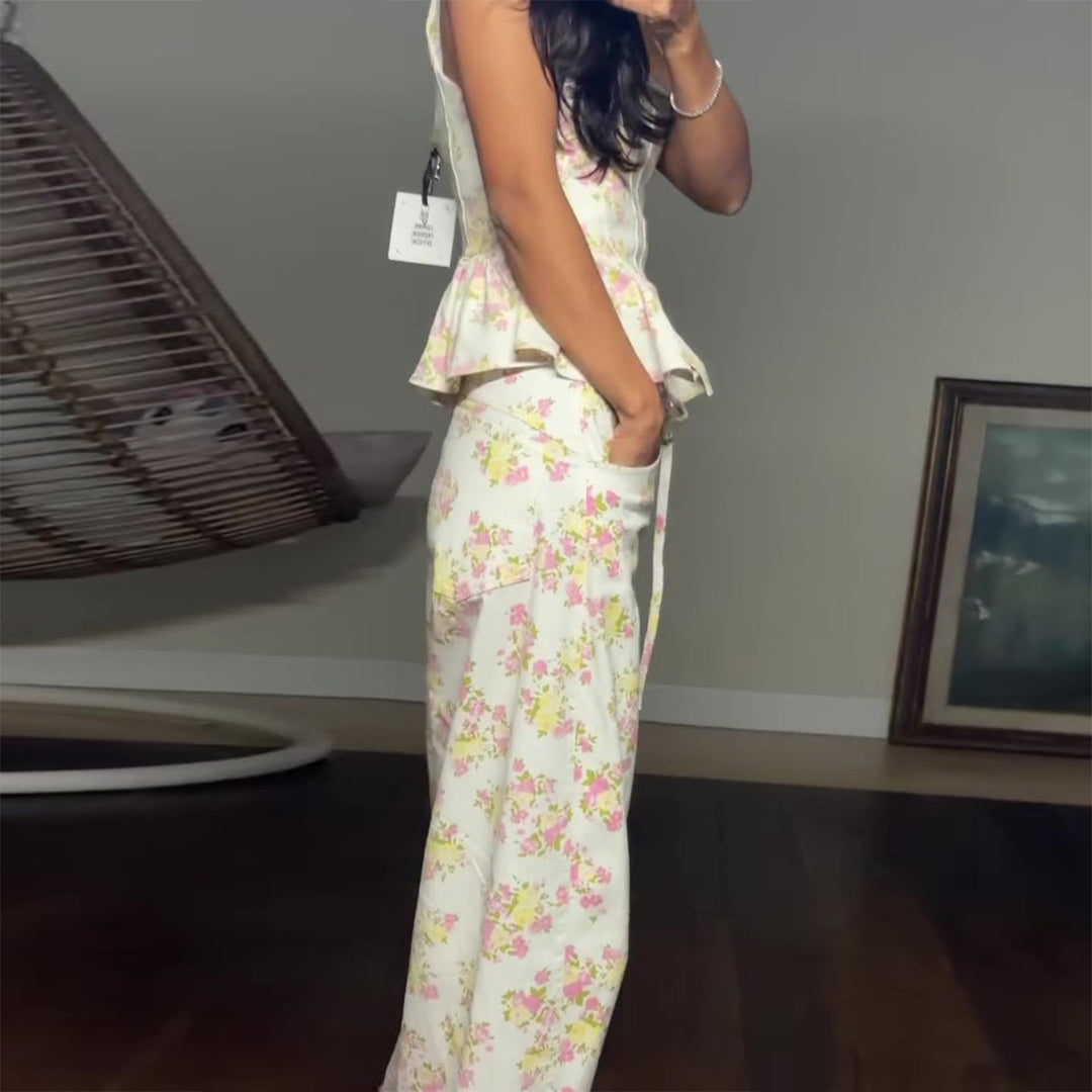 Women's Two-Piece Set with Floral Top and Wide-Leg Pants