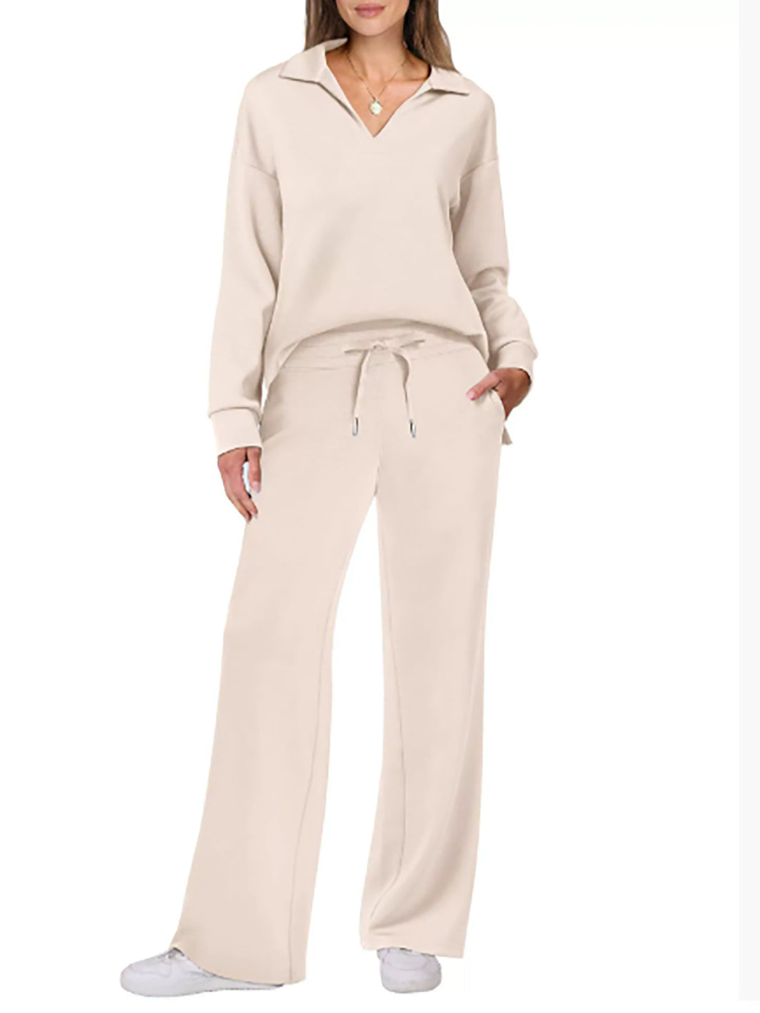Lune London Wide Leg Casual Set for Women with V Neck