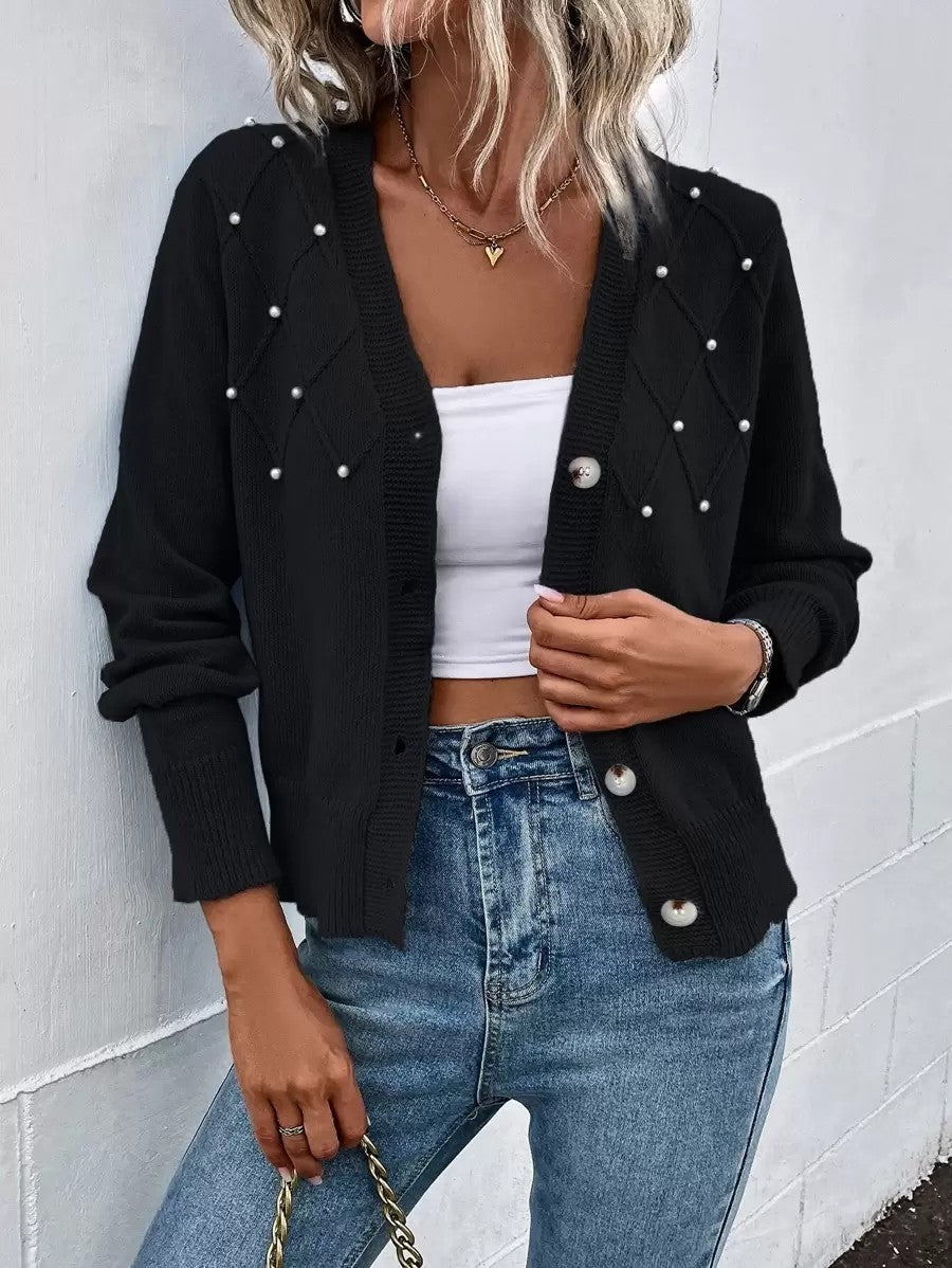 Women's knit jacket with pearl ornament and V-neck Lune London