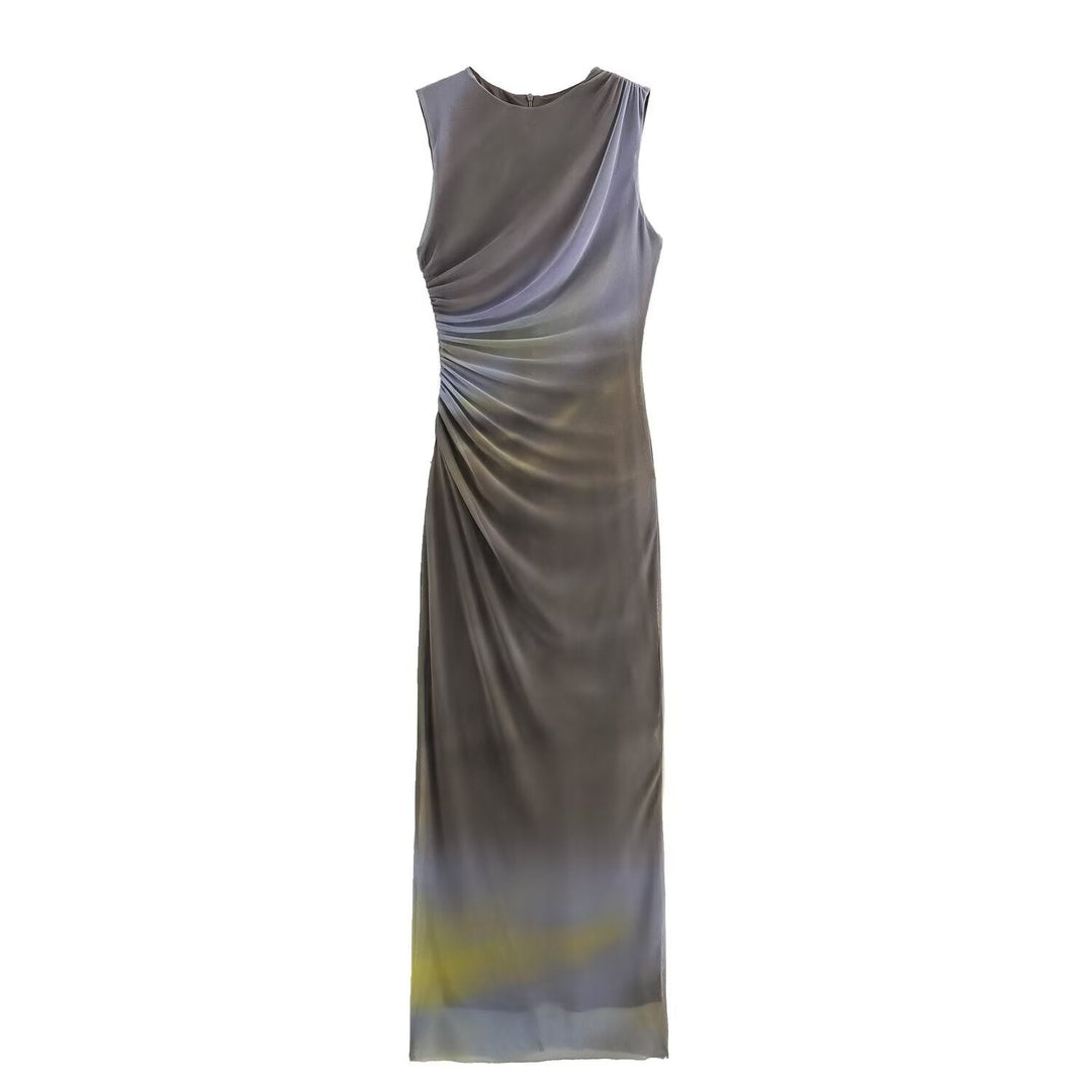 Lune London | Solid Color Round Neck Sleeveless Folding Slim Fit Dress