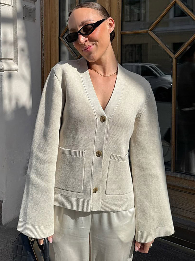 Casual knitted jacket for women with wide sleeves and button detail Lune London